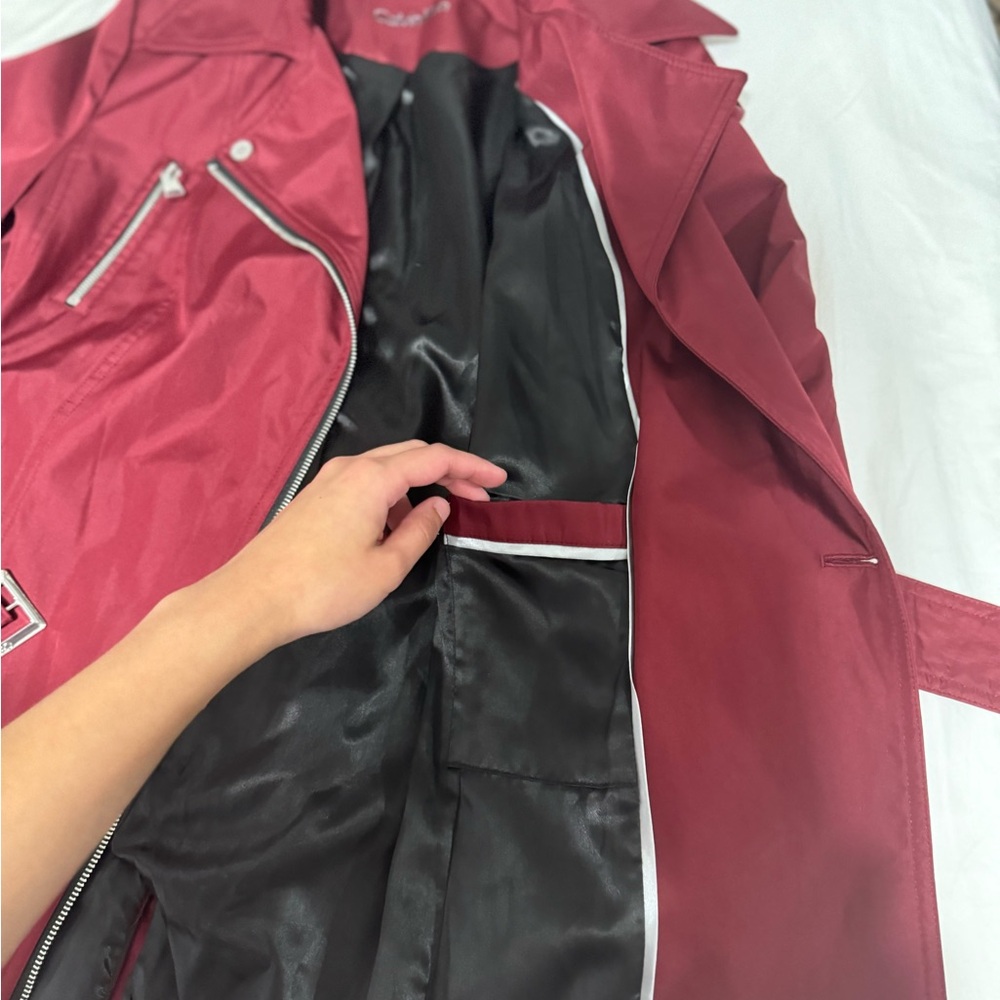 Calvin Klein Cherry Red Trench Coat with Belted Waist - Picture 8 of 10